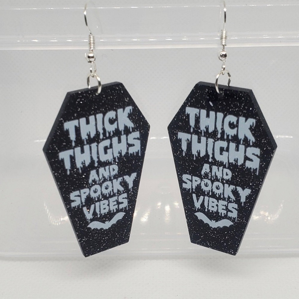 Thick Thighs and Spooky Vibes Coffin Glitter Earrings